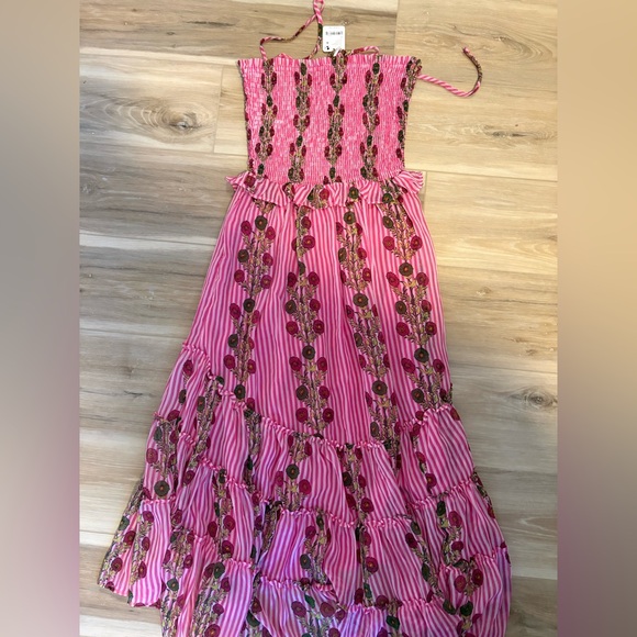 Free People Alejandra Midi Dress Smocked Tiered Ruffled Print Pink Size S *Flaw - Picture 6 of 6